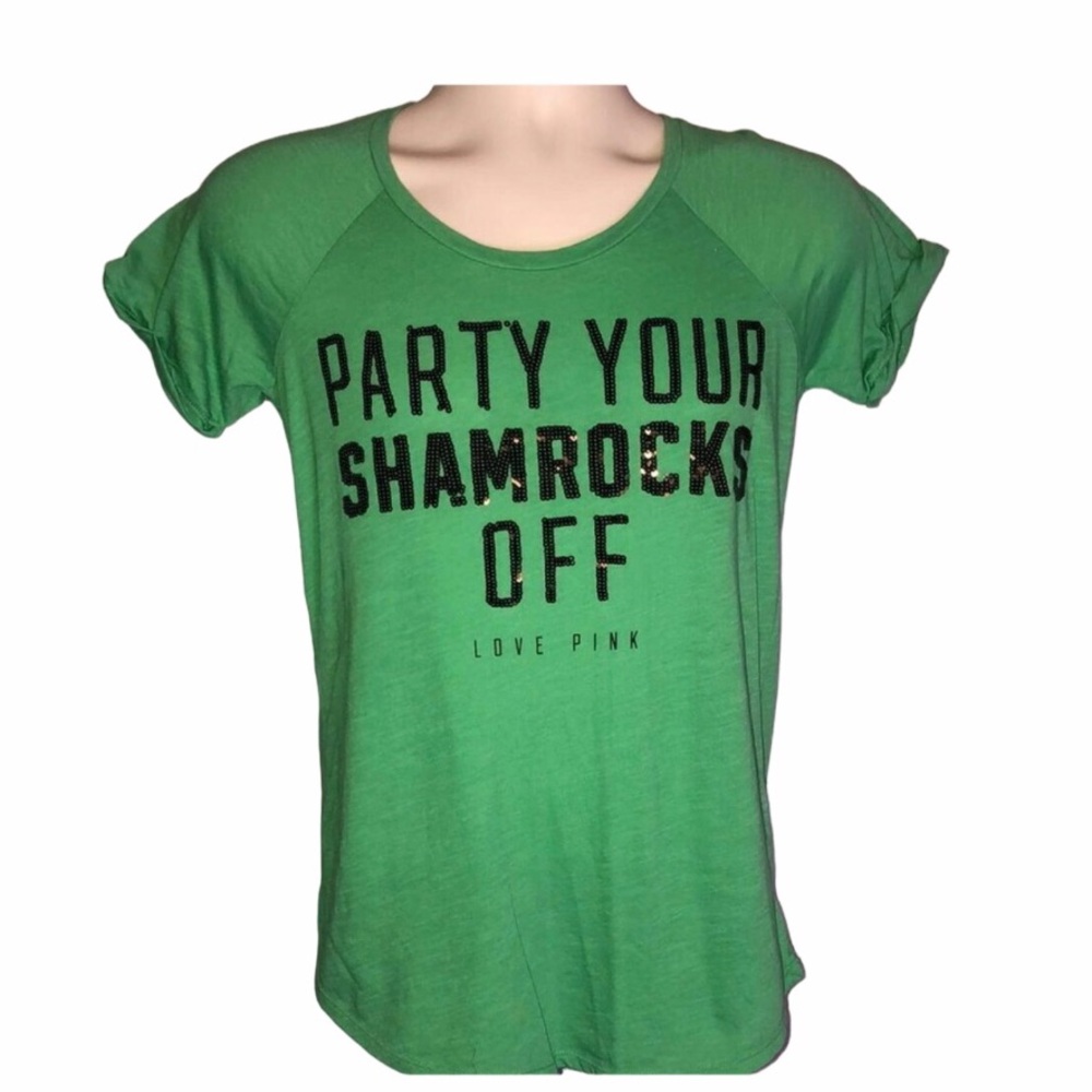 PINK Victoria’s Secret Party Your Shamrocks Off Tee T-Shirt Sequins Bling